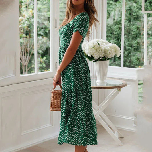 LB | Vintage Print Puff Sleeve Beach Sweet Square Floral Maxi Long Festa Midi Dresses