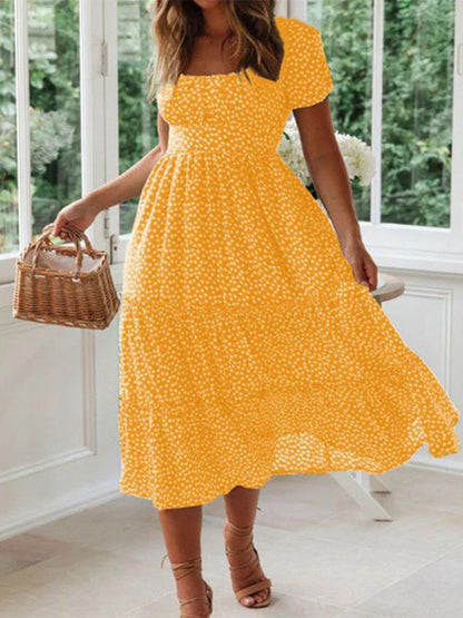 LB | Vintage Print Puff Sleeve Beach Sweet Square Floral Maxi Long Festa Midi Dresses