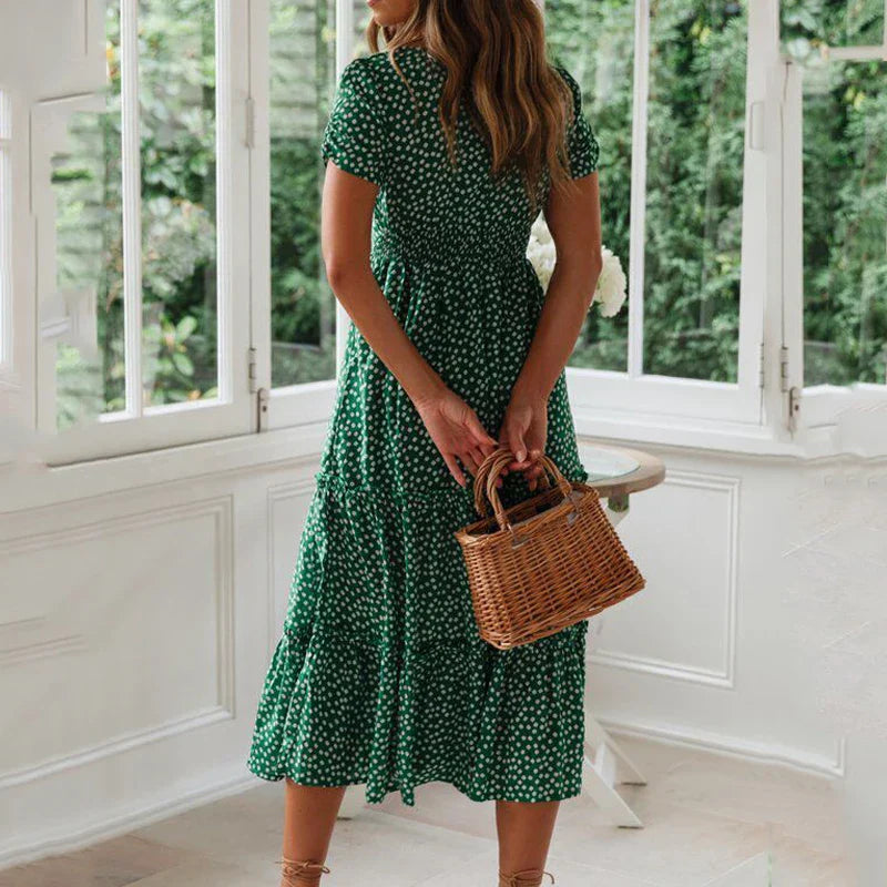 LB | Vintage Print Puff Sleeve Beach Sweet Square Floral Maxi Long Festa Midi Dresses