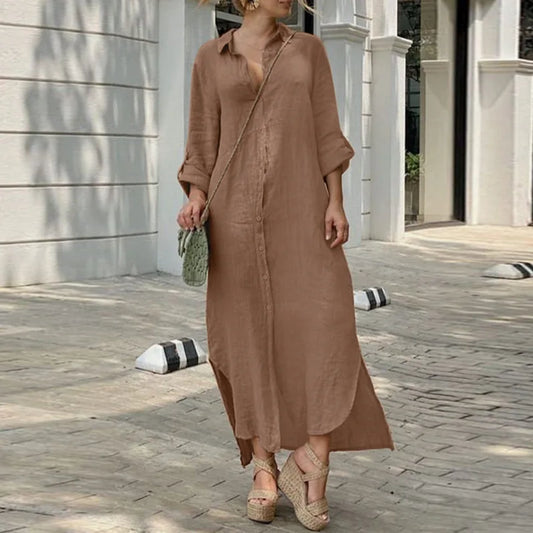 LB | 2024 vintage solidna tunika z klapami i guzikami z przodu boho sukienka maxi