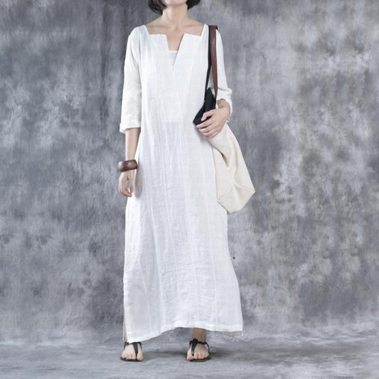 LB | Białe lniane sukienki Oversize Maxi Dress Lniane kaftany