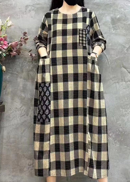 LB | Women Bright Chequered O-Neck Pockets Print Patchwork Maxi Dress Długi rękaw
