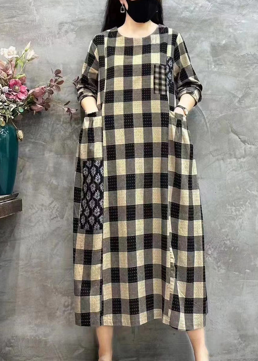 LB | Women Bright Chequered O-Neck Pockets Print Patchwork Maxi Dress Długi rękaw