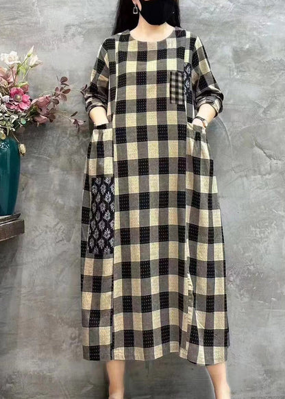 LB | Women Bright Chequered O-Neck Pockets Print Patchwork Maxi Dress Długi rękaw