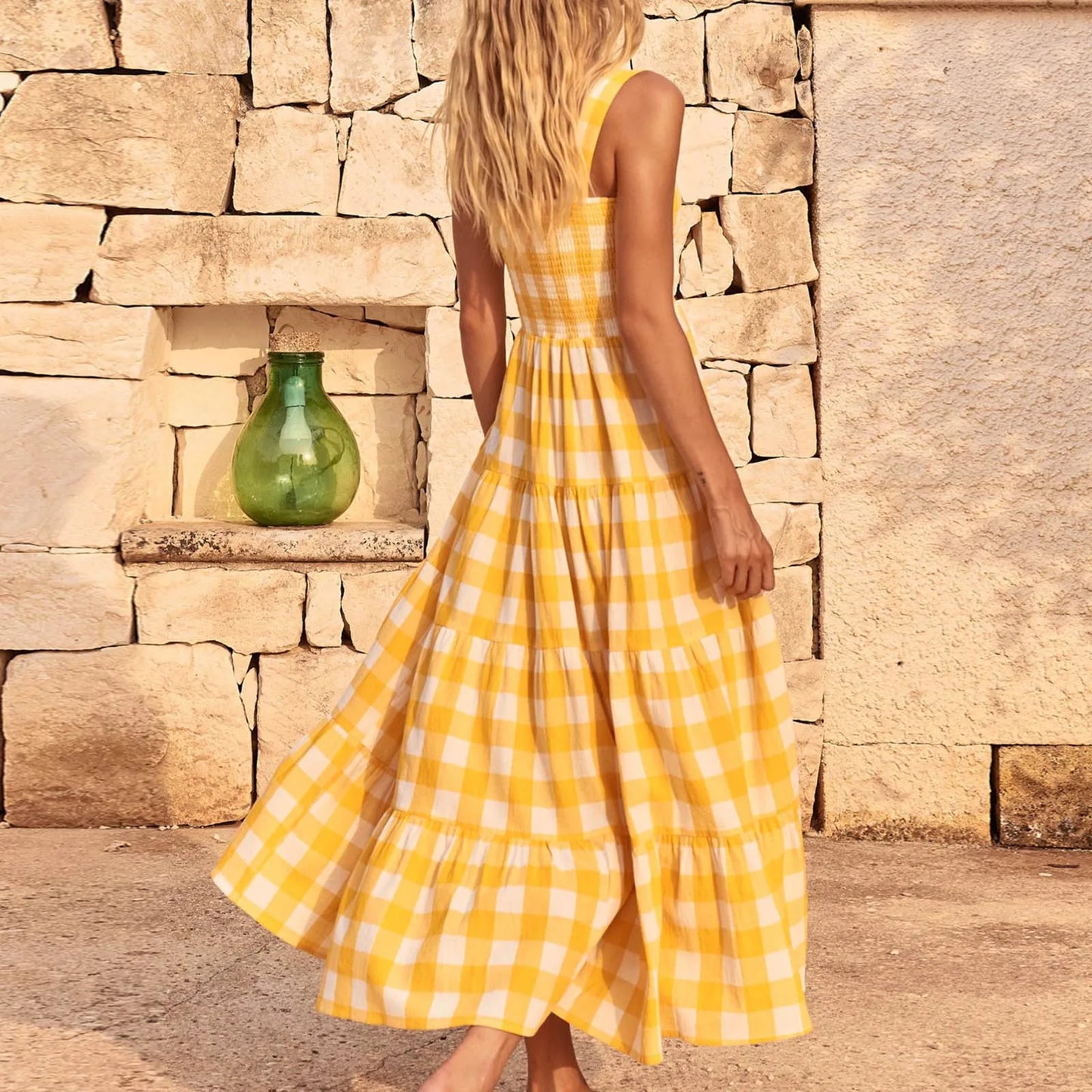 LB | Loose Strappy Plaid Holiday Beach Party Sleeveless Casual Striped Midi Dress