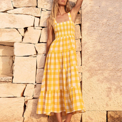 LB | Loose Strappy Plaid Holiday Beach Party Sleeveless Casual Striped Midi Dress