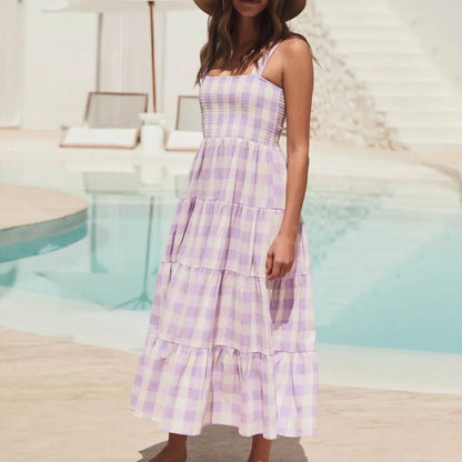LB | Loose Strappy Plaid Holiday Beach Party Sleeveless Casual Striped Midi Dress