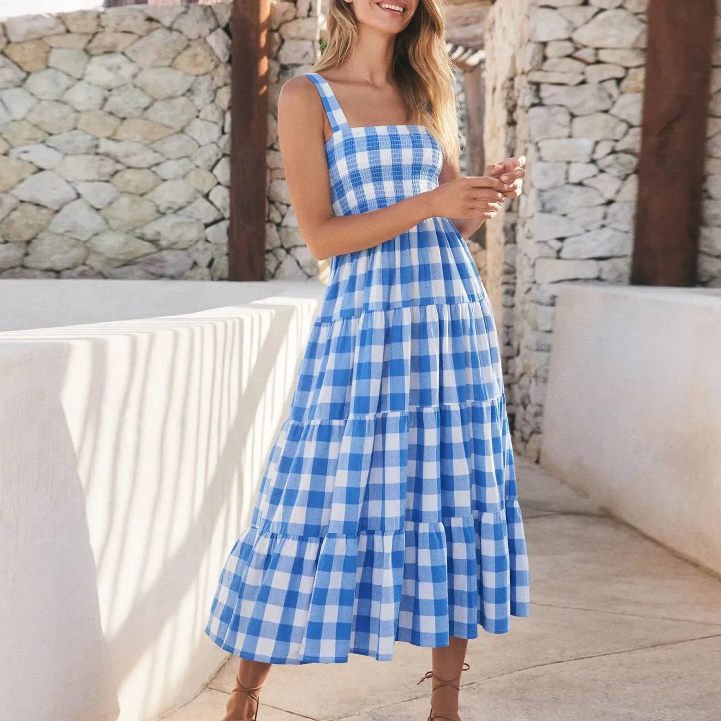 LB | Loose Strappy Plaid Holiday Beach Party Sleeveless Casual Striped Midi Dress