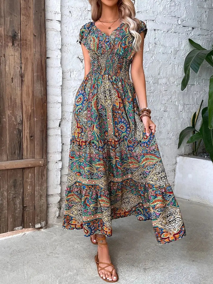 LB | 2024 Sexy A-Line Maxi Sukienka Boho z krótkim rękawem i elastyczną talią