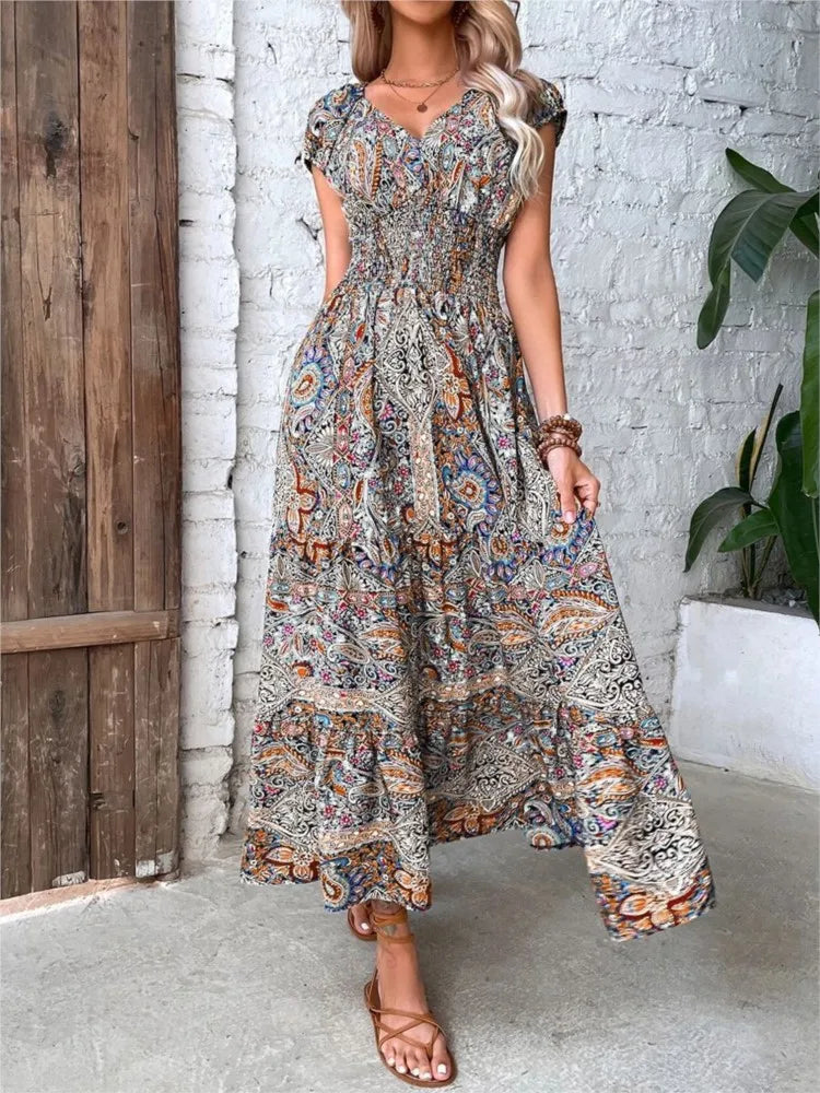 LB | 2024 Sexy A-Line Maxi Sukienka Boho z krótkim rękawem i elastyczną talią