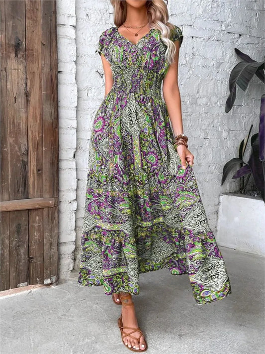 LB | 2024 Sexy A-Line Maxi Sukienka Boho z krótkim rękawem i elastyczną talią