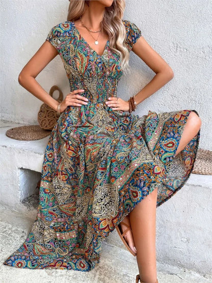 LB | 2024 Sexy A-Line Maxi Sukienka Boho z krótkim rękawem i elastyczną talią