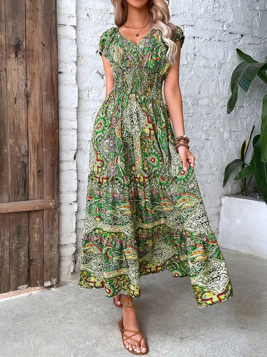 LB | 2024 Sexy A-Line Maxi Sukienka Boho z krótkim rękawem i elastyczną talią