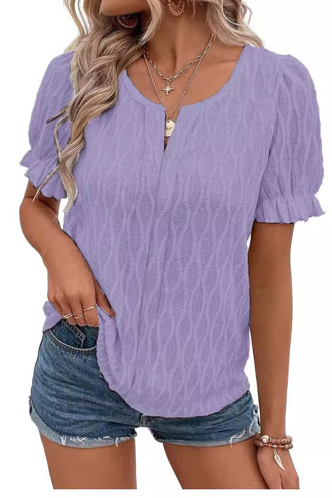 LB | Damska koszulka casualowa z bufiastym rękawem V-Neck