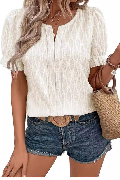 LB | Damska koszulka casualowa z bufiastym rękawem V-Neck