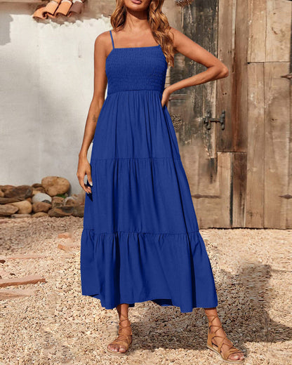 LB | Bohemian Long Dress Spaghetti Strap Solid Swing Beach Sleeveless Maxi Dress