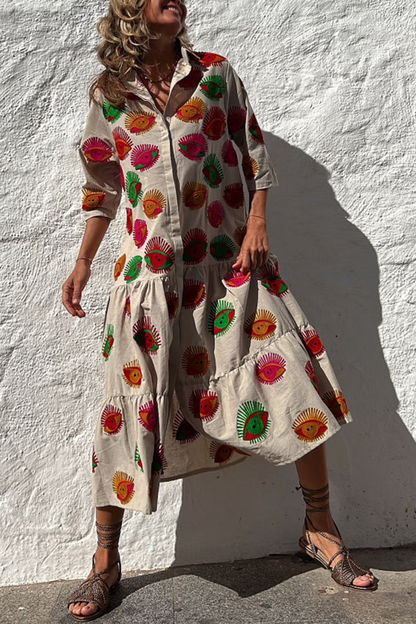 LB | Take Me To Cabo Ethnic Unique Print Button Loose Shirt Midi Dress