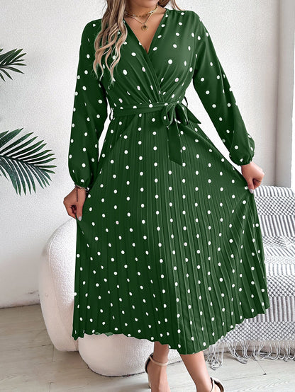 LB | Elegancka kontrastowa sukienka Maxi w kropki z plisowanym dekoltem w serek dla kobiet