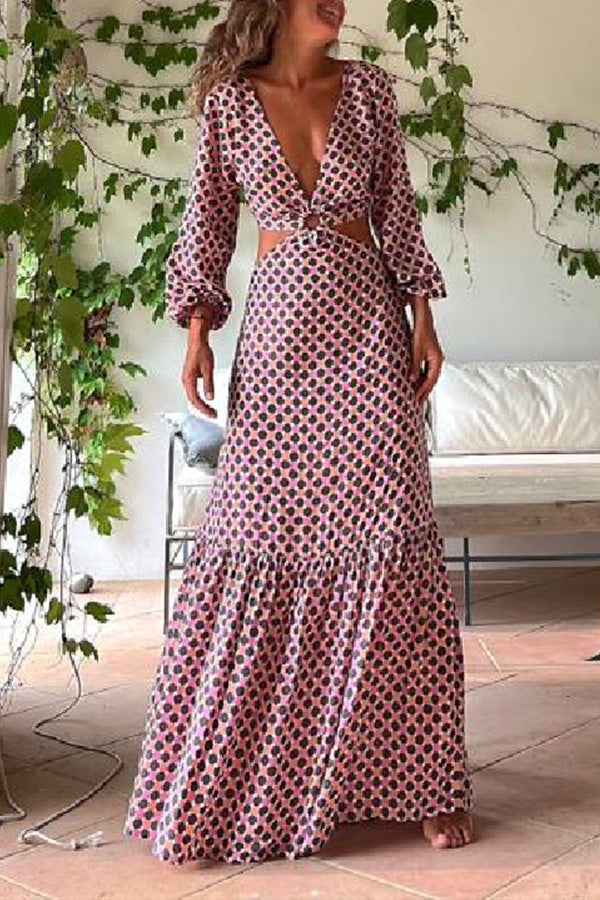 LB | Serene Dreams Printed Side Neckline Elastyczna sukienka maxi w talii