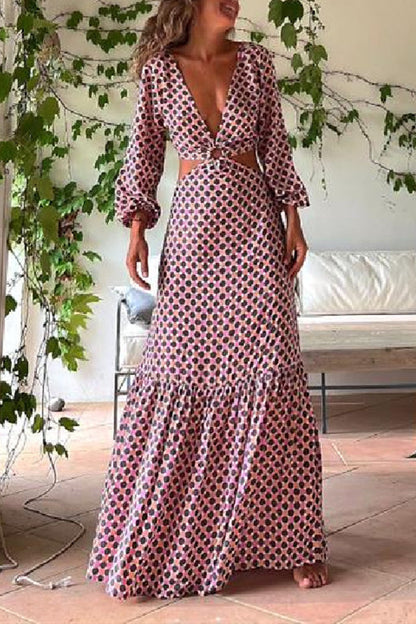 LB | Serene Dreams Printed Side Neckline Elastyczna sukienka maxi w talii