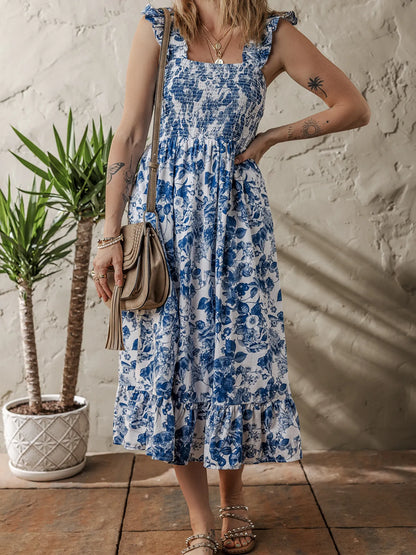 LB | Floral Ruffle Strap Square Neck Smocked Bodice Midi Dress