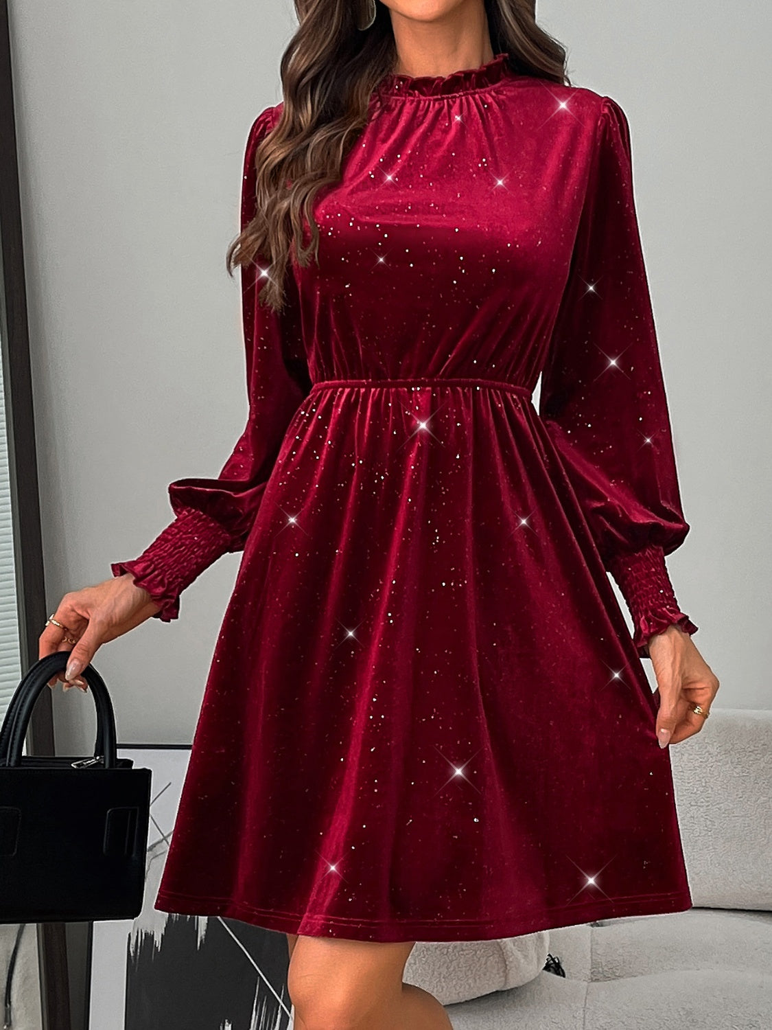 LB | Glitter Mock Neck Sukienka mini z długim rękawem