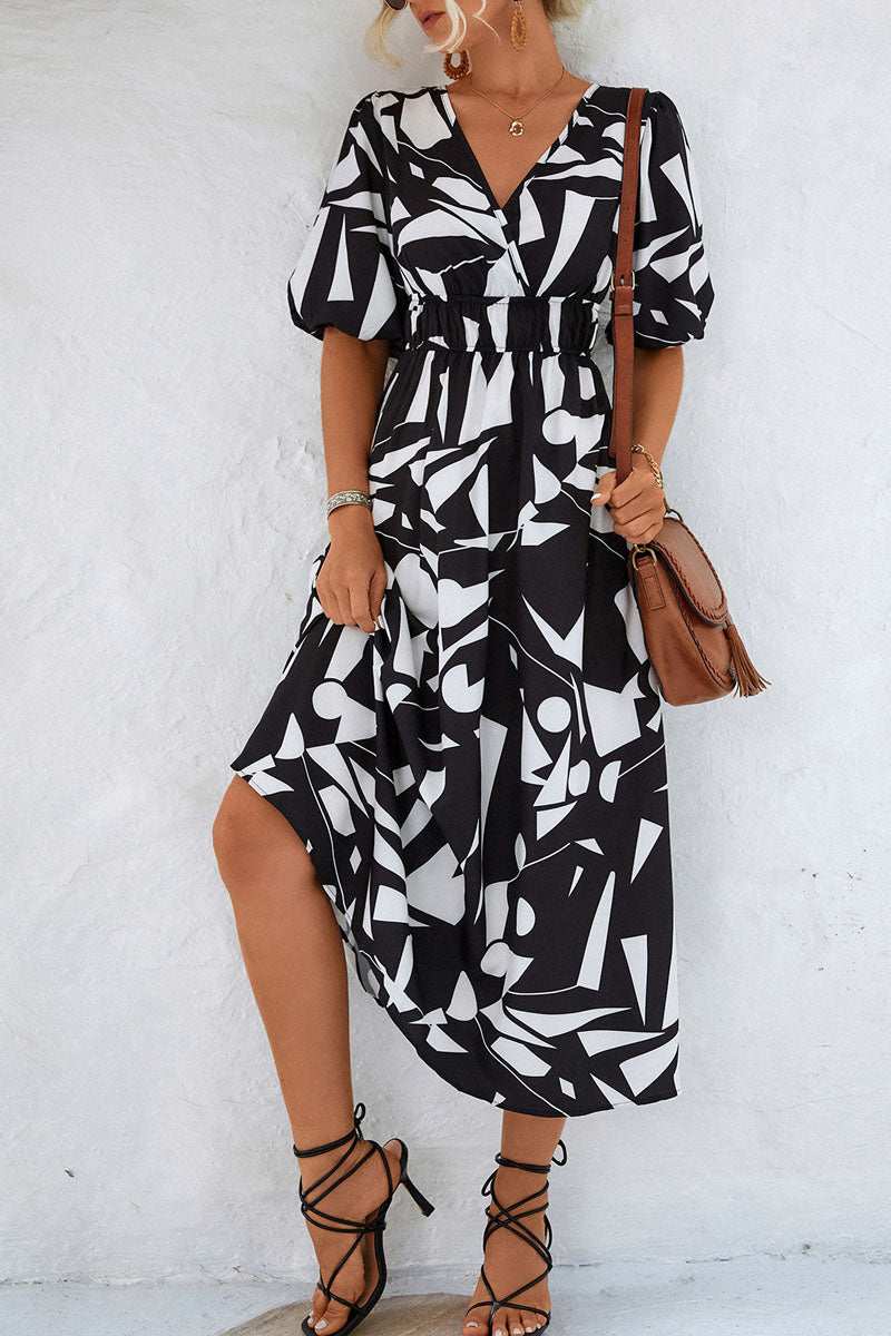 LB | Print V-neck Beach Bubble Sleeve Midi Dress