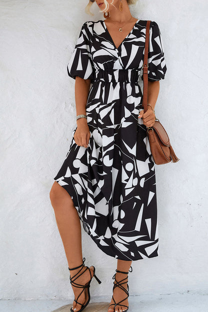 LB | Print V-neck Beach Bubble Sleeve Midi Dress