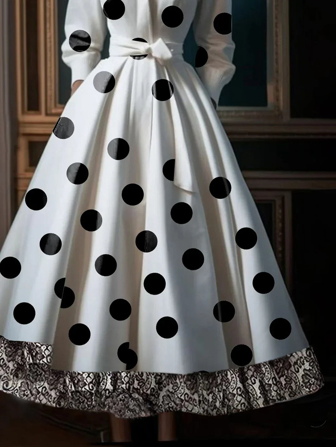 LB | Polka Dot Lace Patchwork Belt Bag Midi Dress