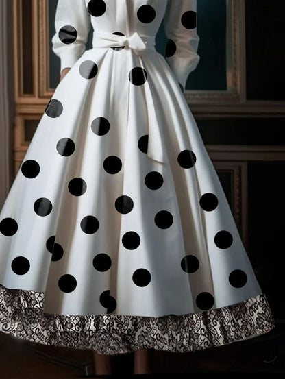 LB | Polka Dot Lace Patchwork Belt Bag Midi Dress
