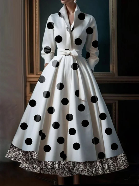 LB | Polka Dot Lace Patchwork Belt Bag Midi Dress