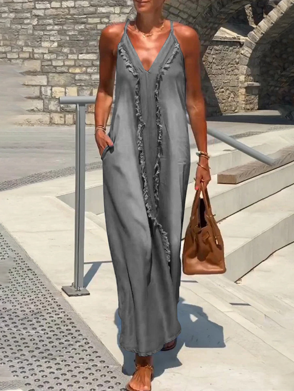 LB | Raw Edge V-neck pocket maxi dress bez rękawów