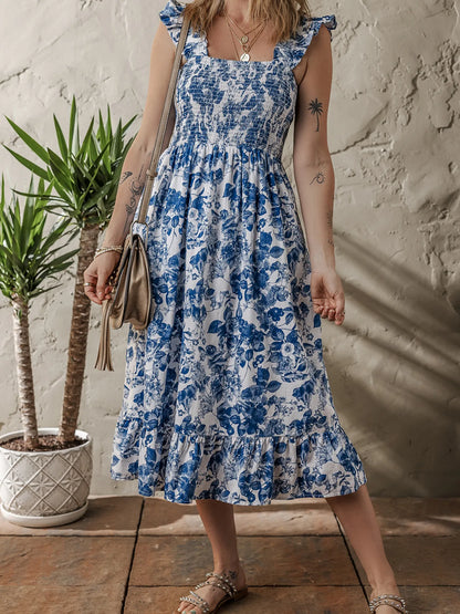 LB | Floral Ruffle Strap Square Neck Smocked Bodice Midi Dress