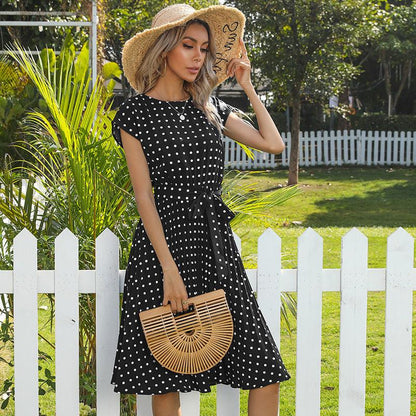 LB | Summer Women Polka Dot Short Sleeve Dress Casual Bandage Party Pleated Midi Dresses Elegant Green Office Lady Clothes