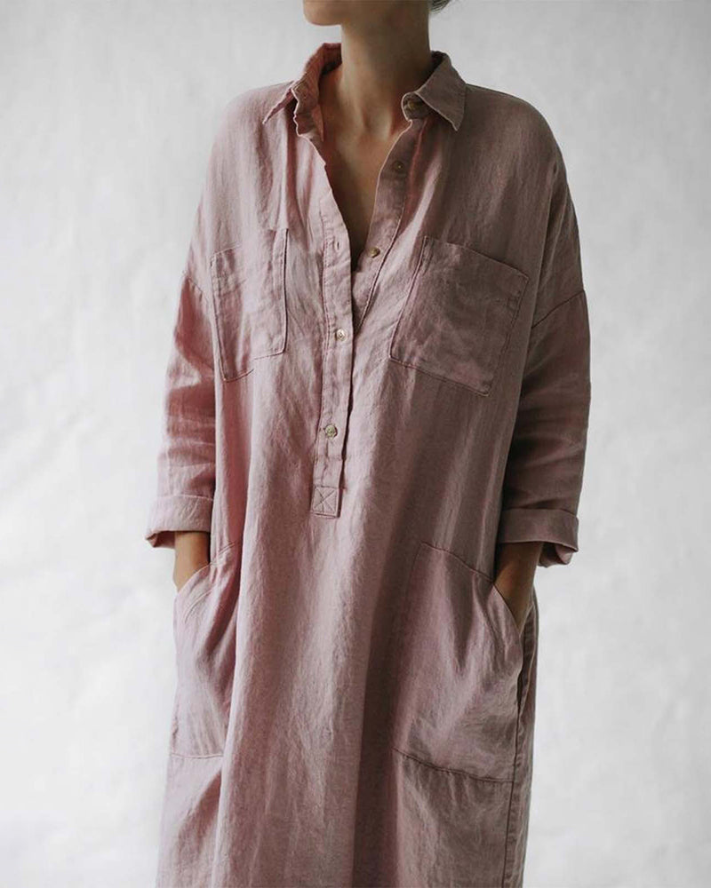 LB | Casual Button Raglan Long Sleeve Pockets Loose Shirt Dress Lounge Midi Dresses Beach Cover Up