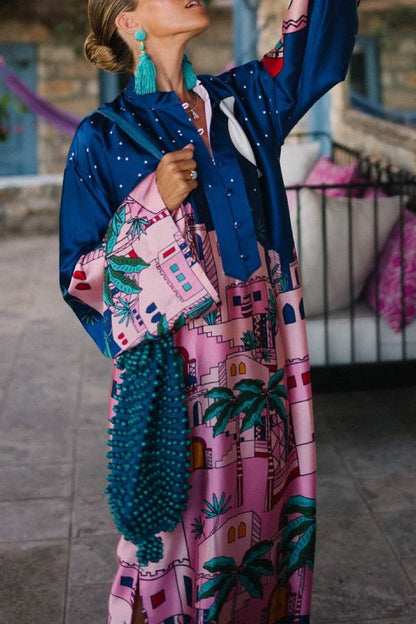 LB | Seaside Stroll Satin Unique Print Button Up Long Sleeve Slit Kaftan Midi Dress