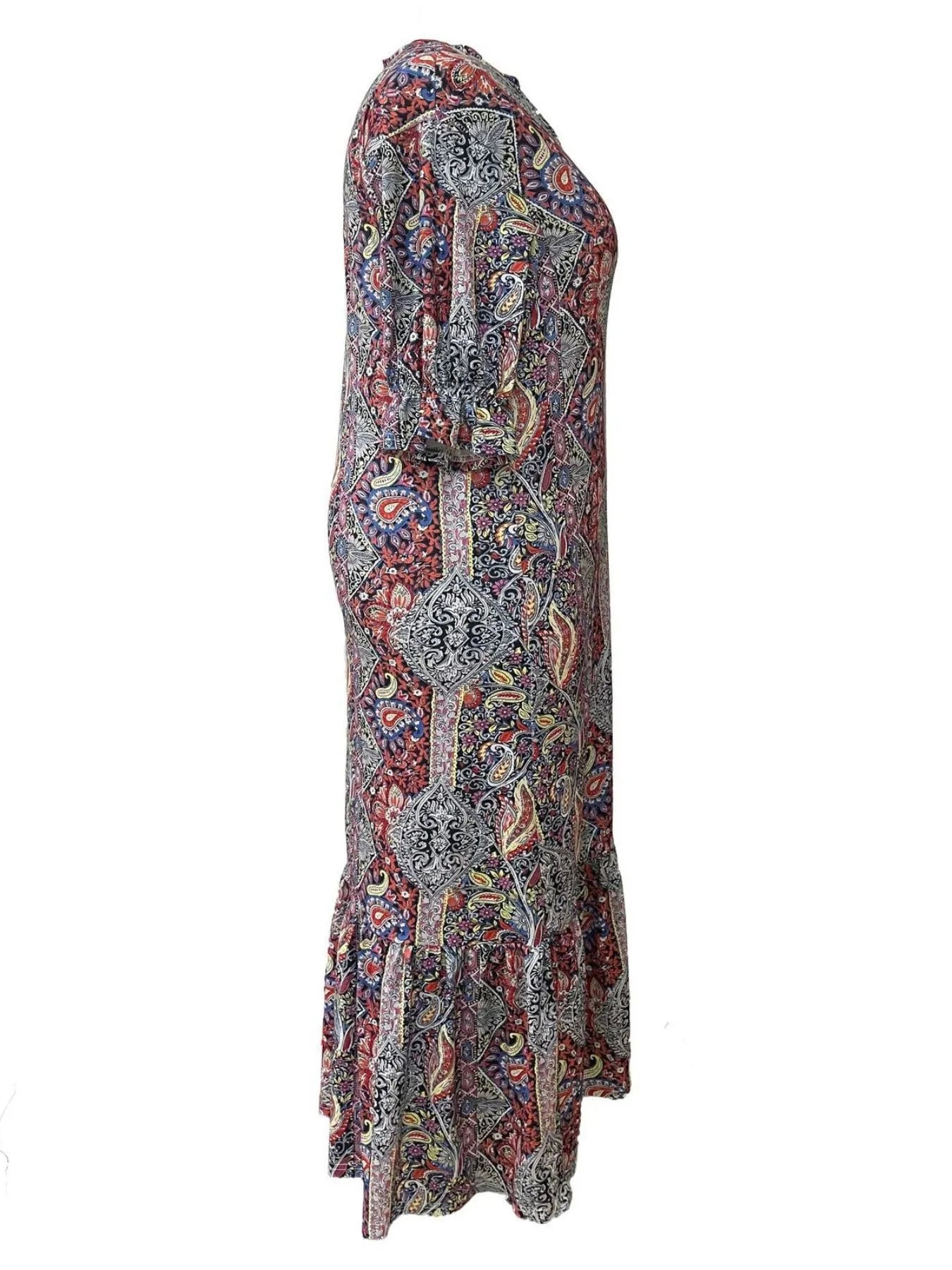 LB | Full Size Bohemian Paisley Print Ruffle Hem Midi Dress Plus Size