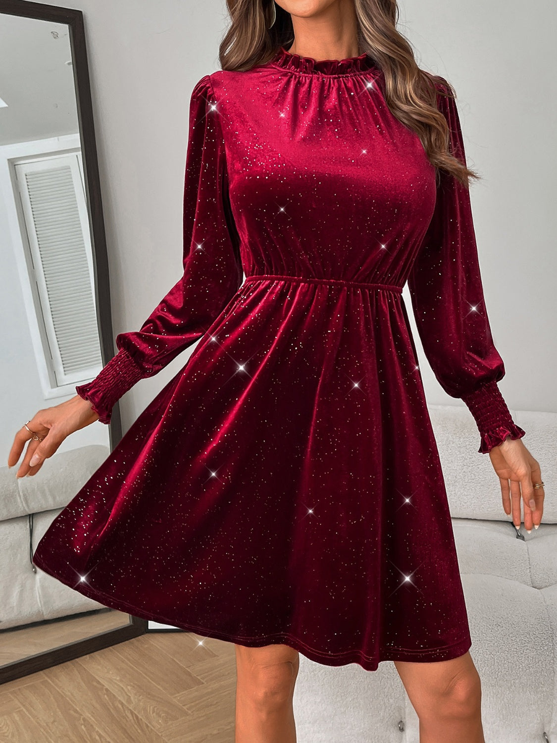 LB | Glitter Mock Neck Sukienka mini z długim rękawem