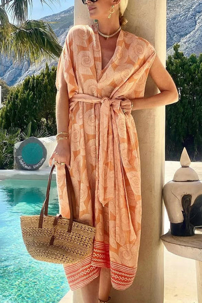 LB | Fashion Conch Print V-Neck Lace-Up Beach Midi Dress