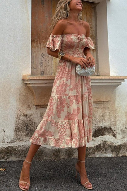 LB | Pitaya Unique Print Off Shoulder Smocked Ruffle Sleeve Warstwowa sukienka midi