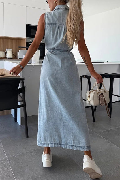LB | Jednokolorowa sukienka bez rękawów z wiązaniem w talii Casual Bag Denim Midi Dress
