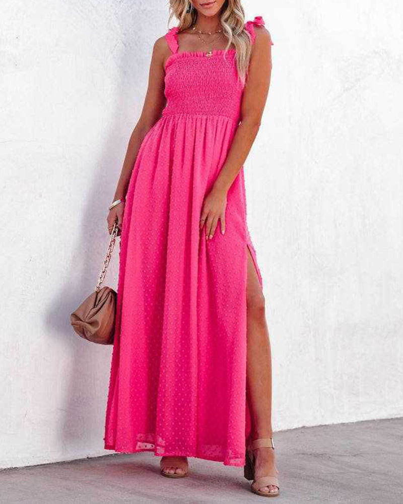 LB | Boho Spaghetti Strap Square Neck Polka Dot Flare Beach Maxi Dress