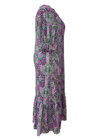 LB | Full Size Bohemian Paisley Print Ruffle Hem Midi Dress Plus Size