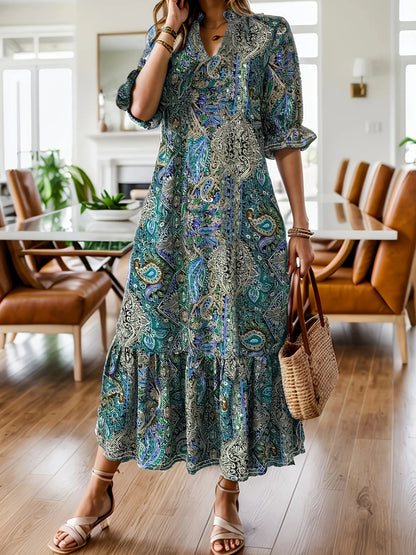LB | Full Size Bohemian Paisley Print Ruffle Hem Midi Dress Plus Size