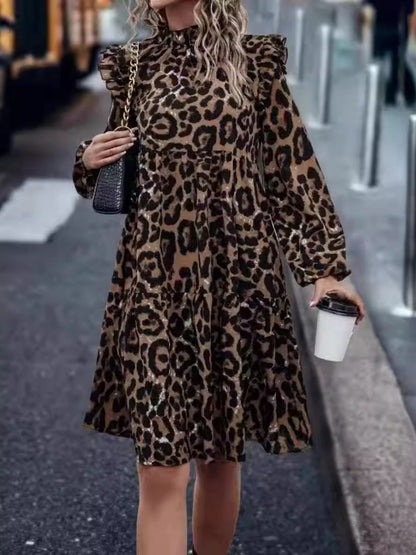 LB | Ruched Leopard Mock Neck Sukienka mini z długim rękawem
