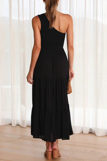 LB | Simply Charmed Smocked One-Shoulder Staggered Midi Dress z kieszeniami