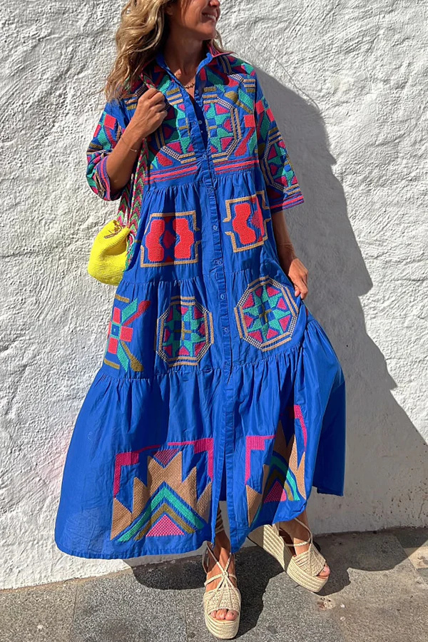 LB | Take Me To Cabo Ethnic Unique Print Button Loose Shirt Midi Dress