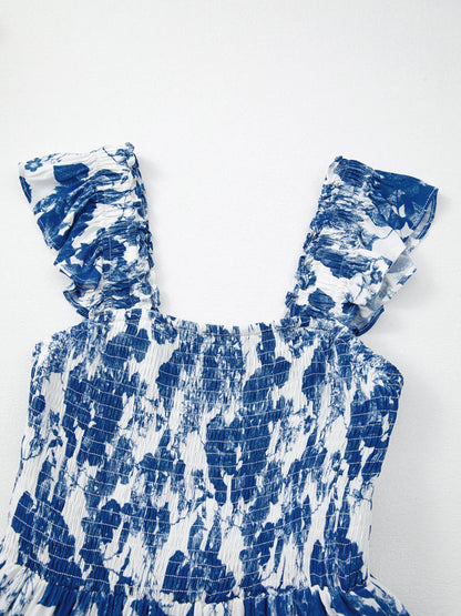 LB | Floral Ruffle Strap Square Neck Smocked Bodice Midi Dress