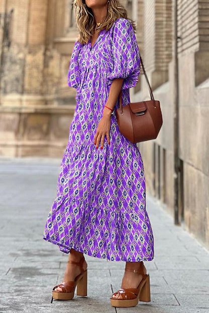 LB | Sukienka midi w stylu boho z krótkim rękawem