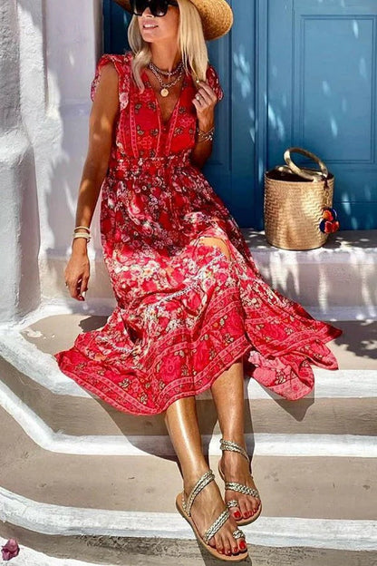 LB | Summer in Greece Boho Print Ruffle Sleeves Elastyczna talia Sukienka midi z wysokim stanem